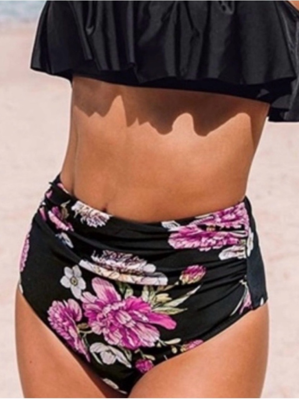 Cupshe NWT Floral High Waist Bikini Bottoms in Black & Pink Size L